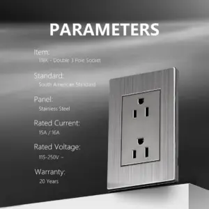 Double 3-Pole Wall Power Socket Stainless Steel Plate 15A 110-250V