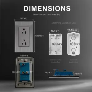 Double 3-Pole Wall Power Socket Stainless Steel Plate 15A 110-250V