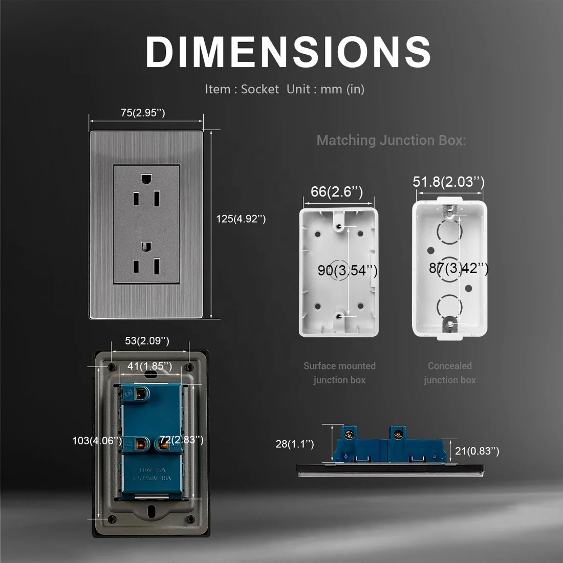 Double 3-Pole Wall Power Socket Stainless Steel Plate 15A 110-250V