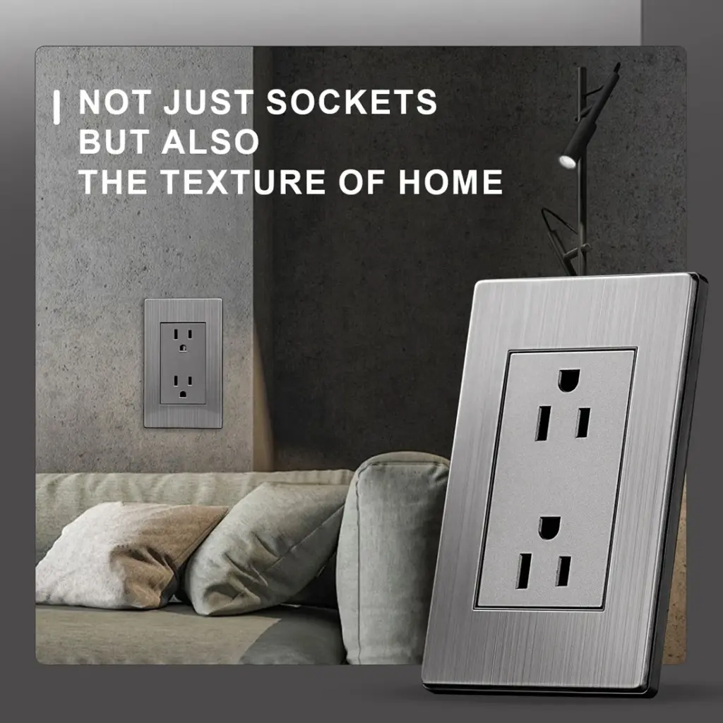 Double 3-Pole Wall Power Socket Stainless Steel Plate 15A 110-250V