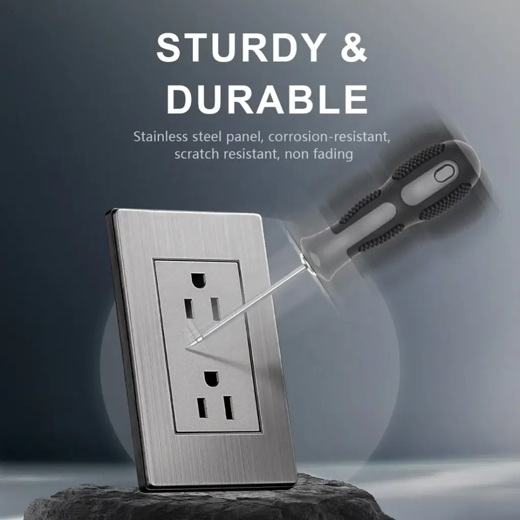 Double 3-Pole Wall Power Socket Stainless Steel Plate 15A 110-250V