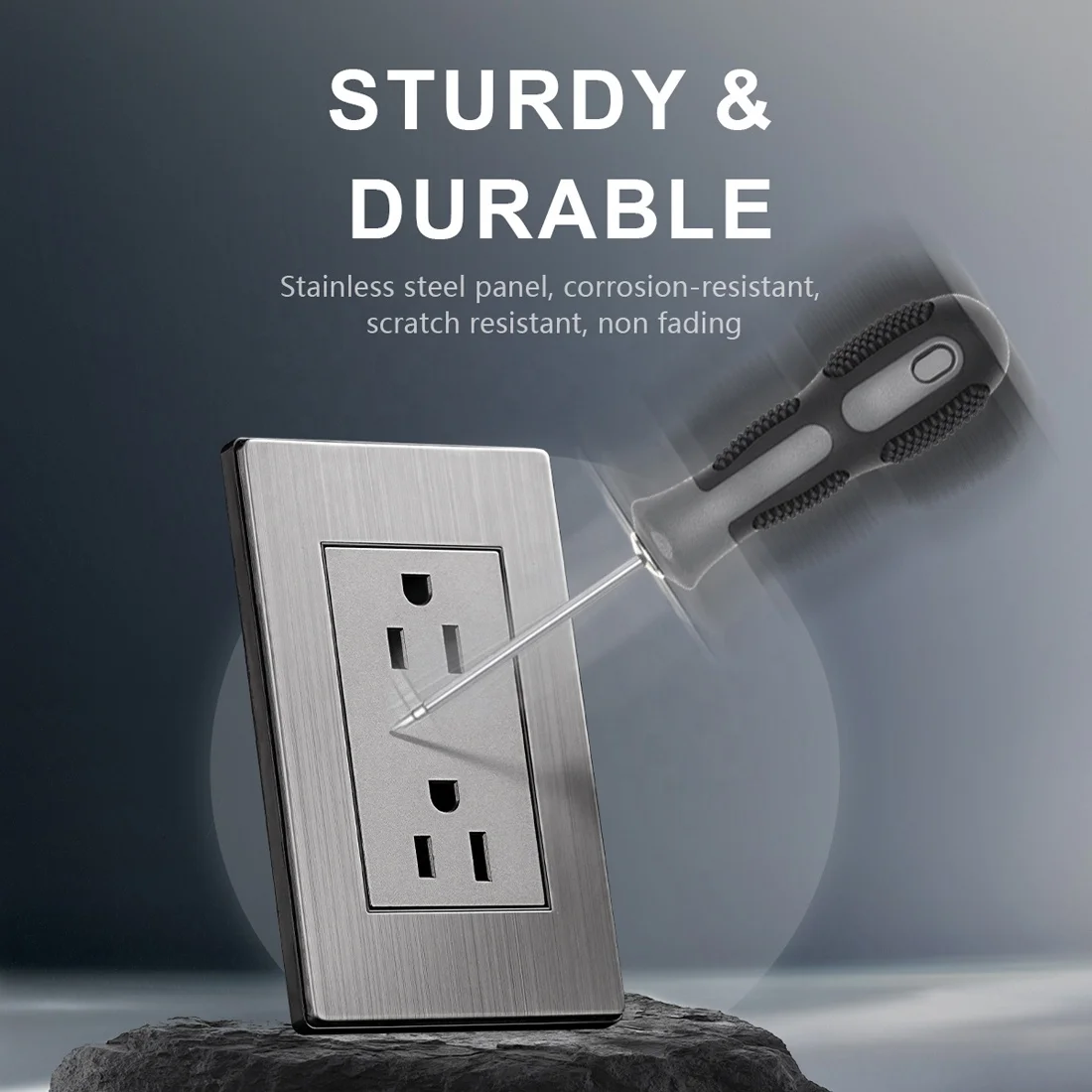 Double 3-Pole Wall Power Socket Stainless Steel Plate 15A 110-250V